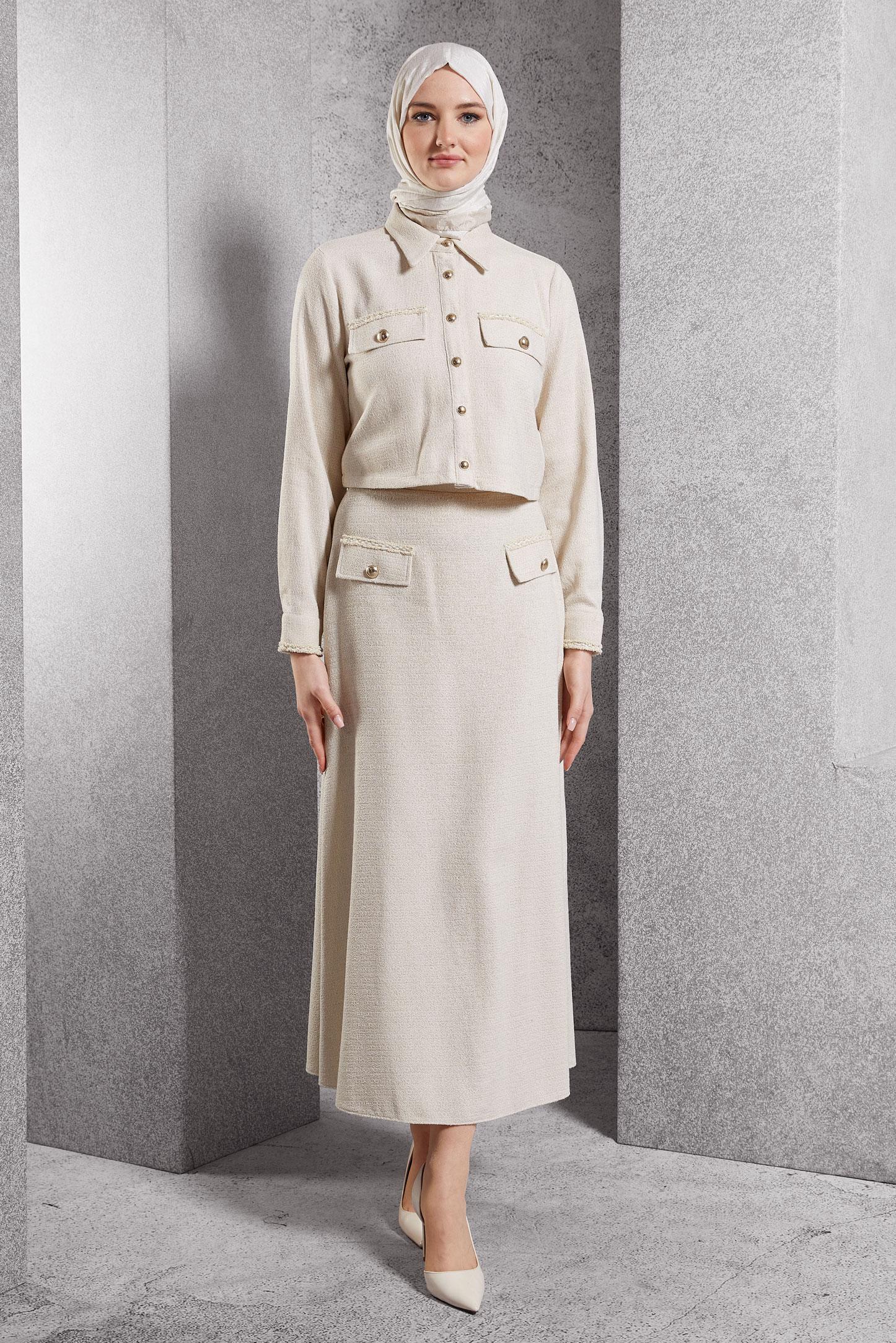 Tesettür giyim EKRU DÜĞMELİ ETEKLİ TAKIM 45124