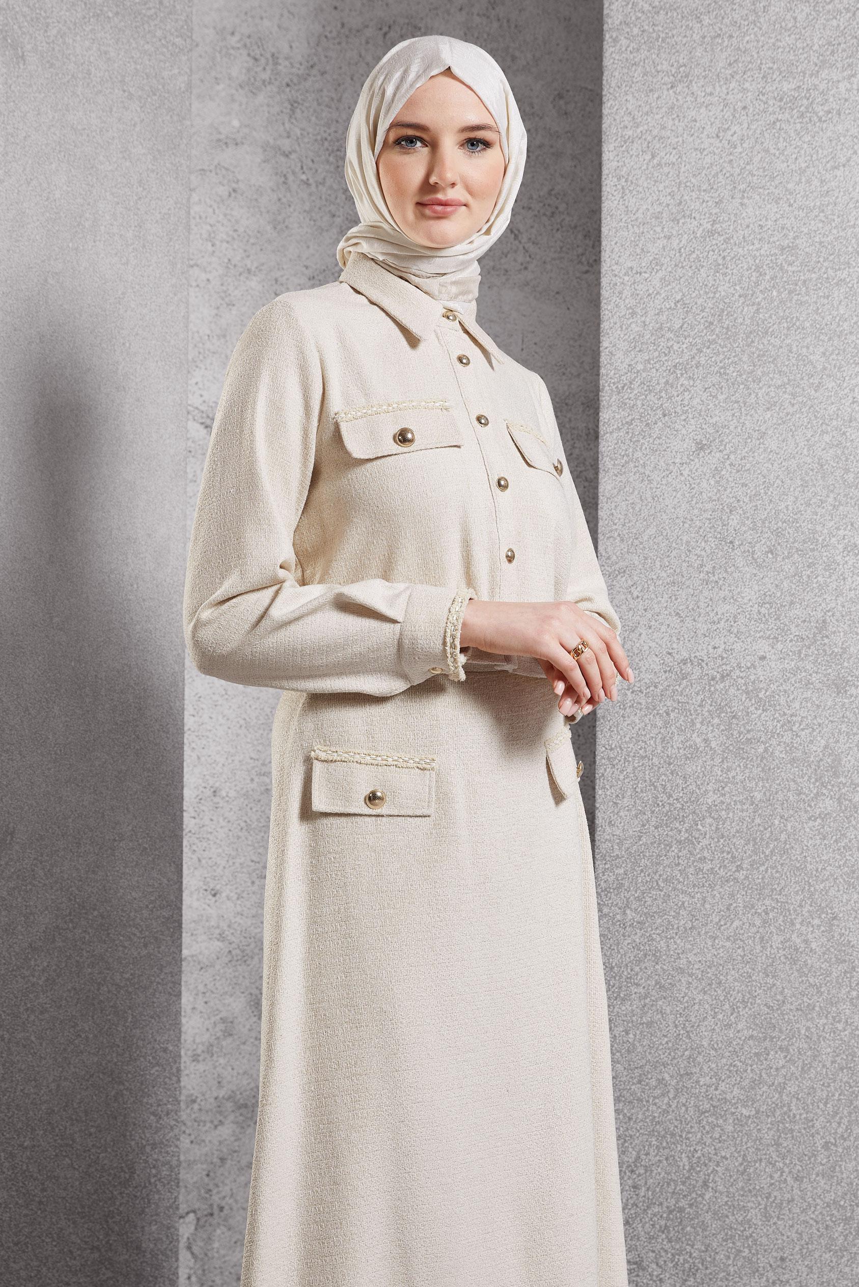 Tesettür giyim EKRU DÜĞMELİ ETEKLİ TAKIM 45124