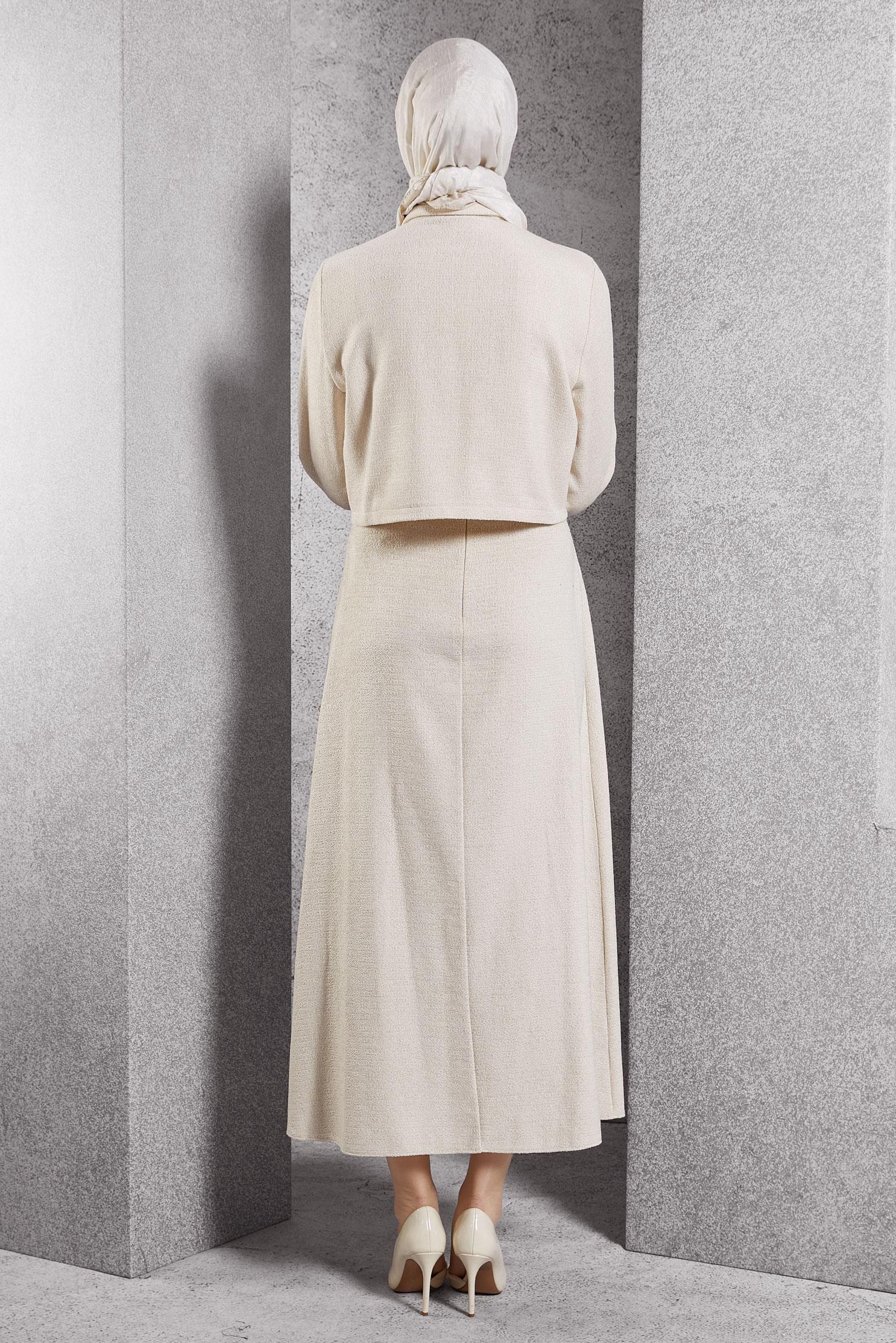 Tesettür giyim EKRU DÜĞMELİ ETEKLİ TAKIM 45124