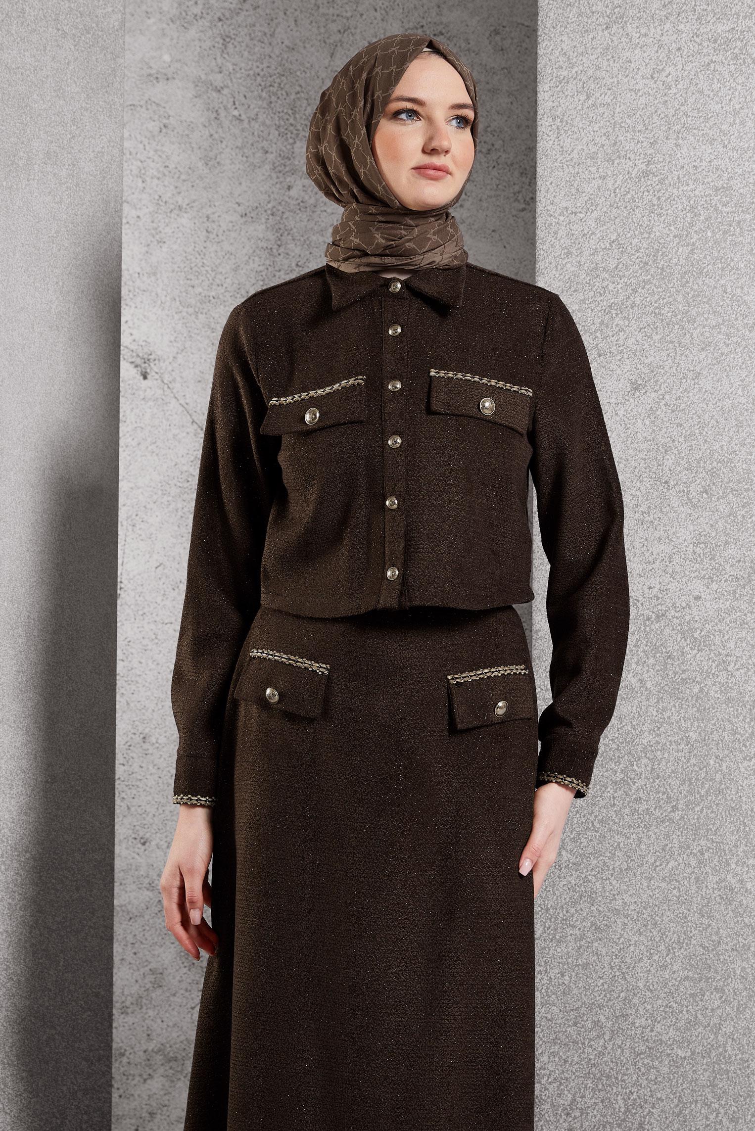 Tesettür giyim KAHVE DÜĞMELİ ETEKLİ TAKIM 45124