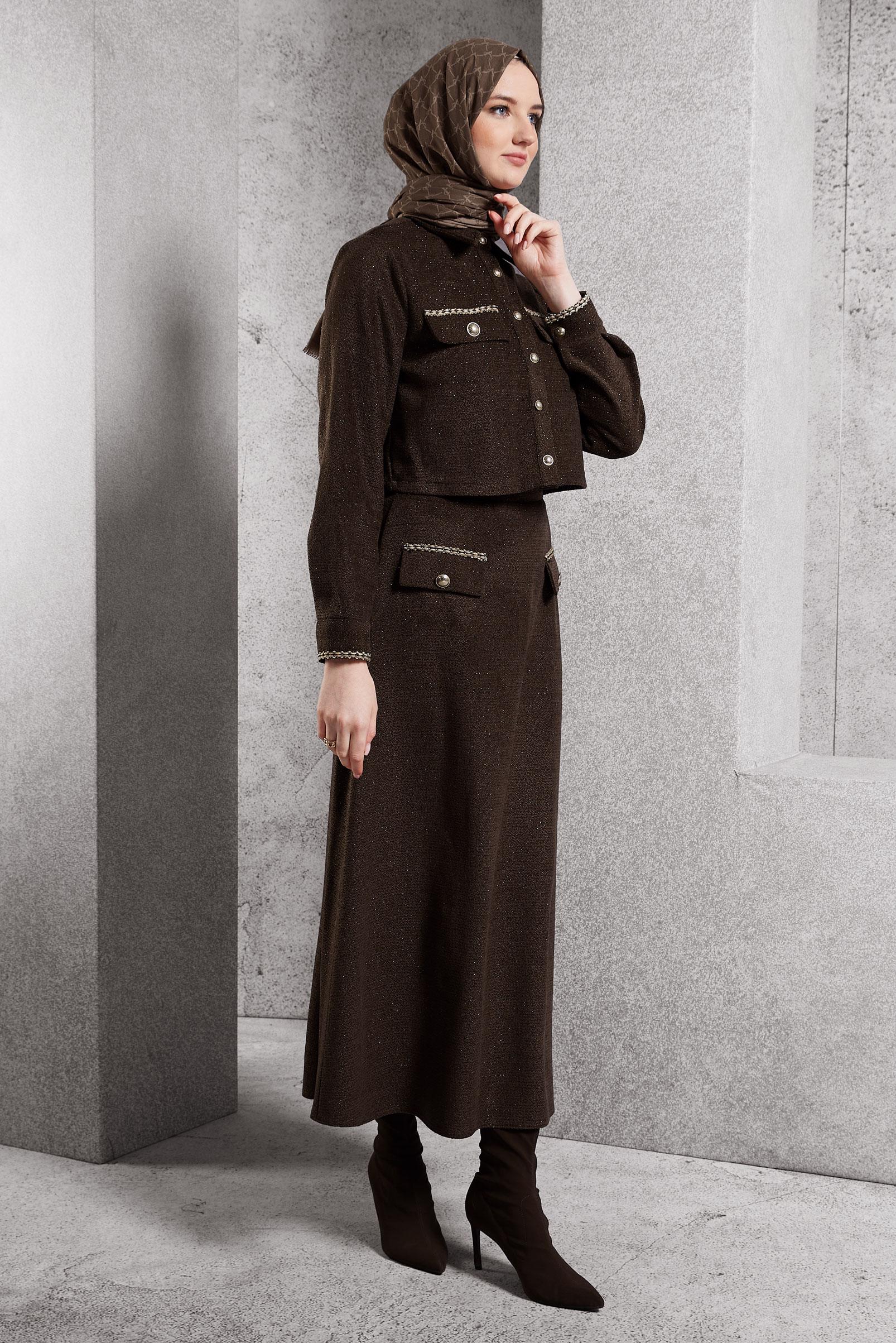 Tesettür giyim KAHVE DÜĞMELİ ETEKLİ TAKIM 45124