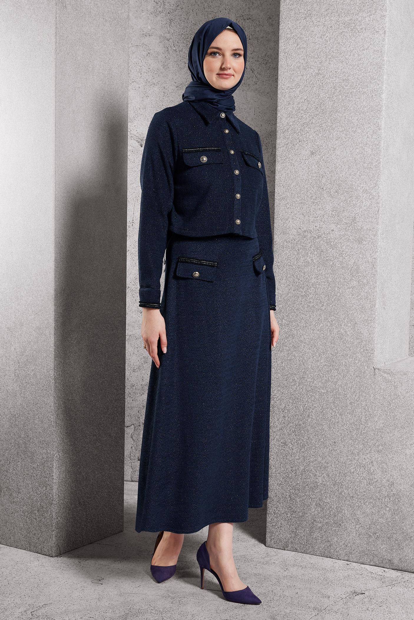 Tesettür giyim LACİVERT DÜĞMELİ ETEKLİ TAKIM 45124