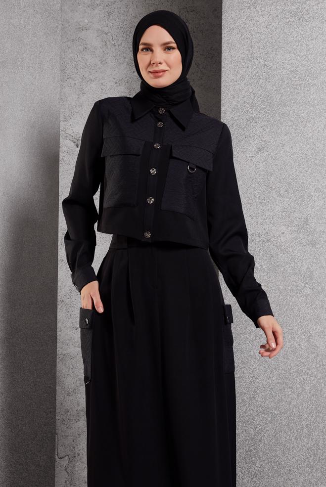 Vêtements hijab NOIR COSTUME À JUPE COL CHEMISE 45141 - ALVİNA
