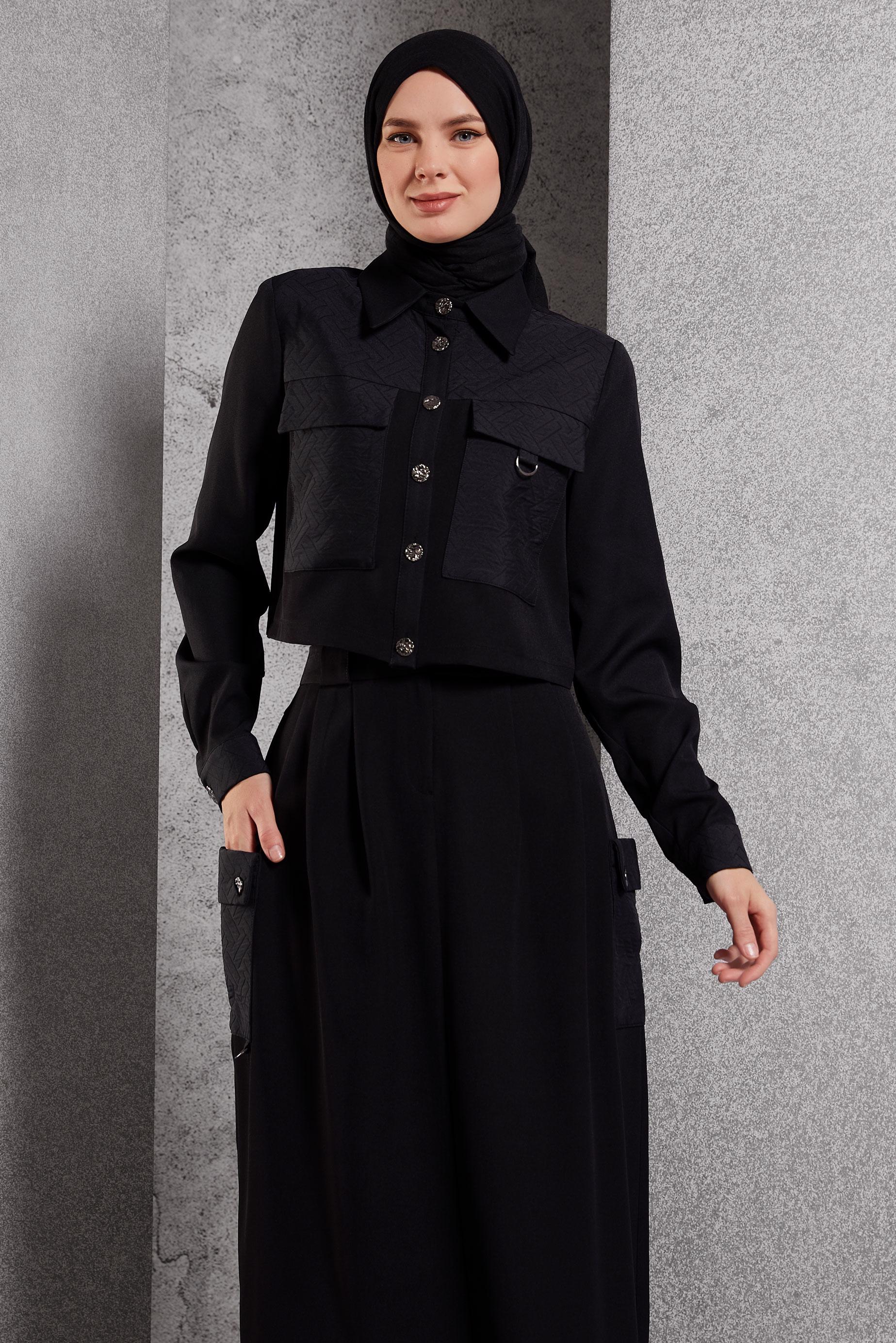 Vêtements hijab NOIR COSTUME À JUPE COL CHEMISE 45141