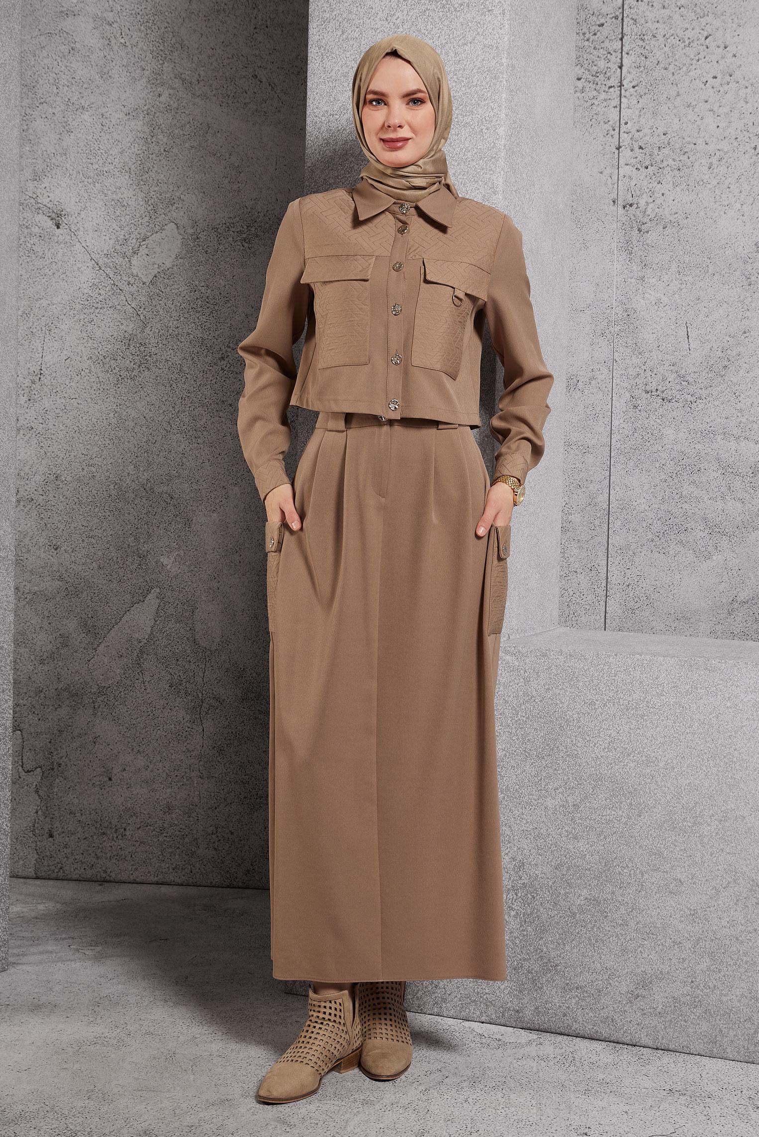 Vêtements hijab BRUN COSTUME À JUPE COL CHEMISE 45141