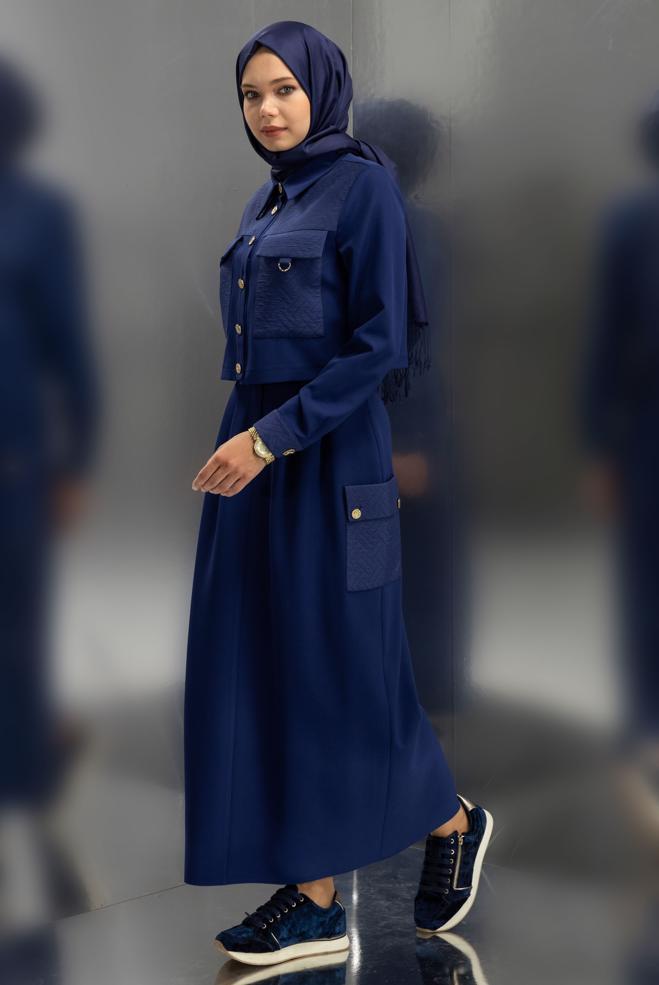 Vêtements hijab BLEU MARINE COSTUME À JUPE COL CHEMISE 45141 - ALVİNA