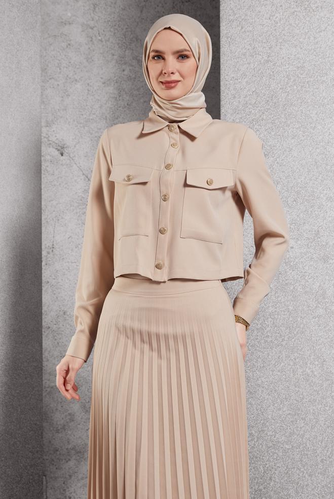 Vêtements hijab BEIGE COSTUME À JUPE PLISSÉE 45170 - ALVİNA