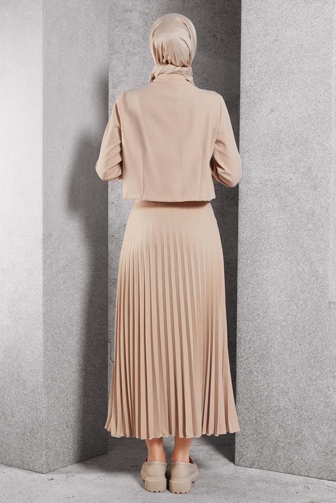 Vêtements hijab BEIGE COSTUME À JUPE PLISSÉE 45170 - ALVİNA