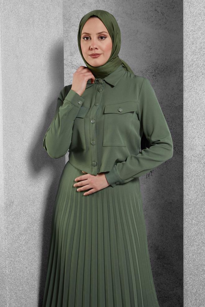 Vêtements hijab KAKI COSTUME À JUPE PLISSÉE 45170 - ALVİNA