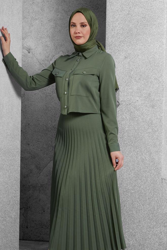 Vêtements hijab KAKI COSTUME À JUPE PLISSÉE 45170 - ALVİNA