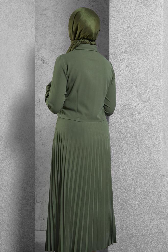 Vêtements hijab KAKI COSTUME À JUPE PLISSÉE 45170 - ALVİNA