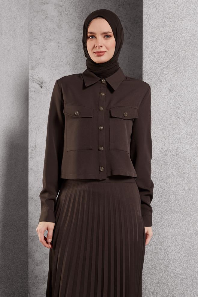 Vêtements hijab BRUN COSTUME À JUPE PLISSÉE 45170 - ALVİNA