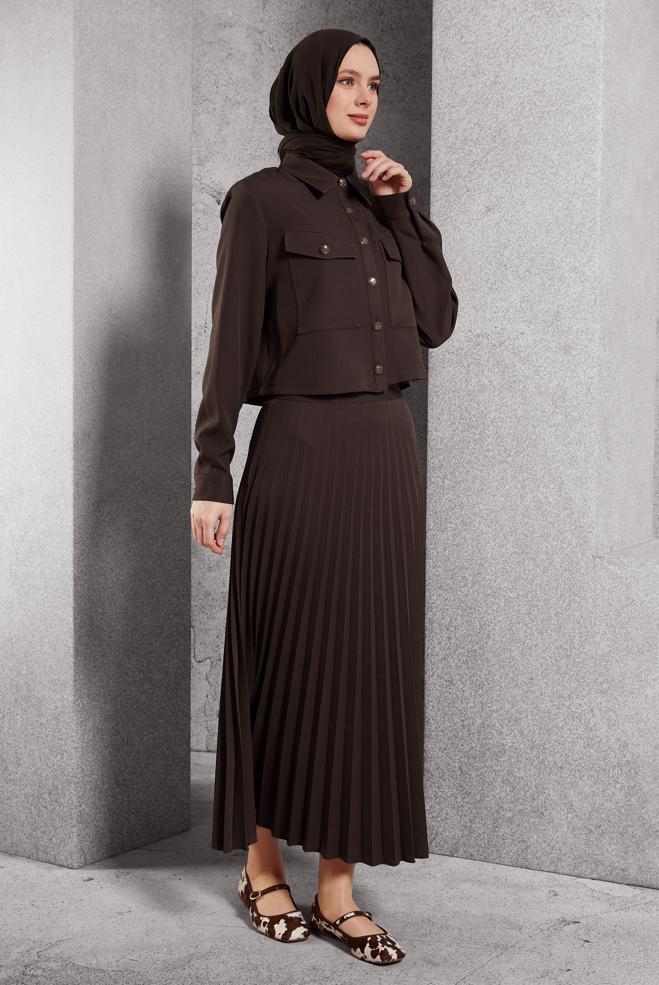 Vêtements hijab BRUN COSTUME À JUPE PLISSÉE 45170 - ALVİNA