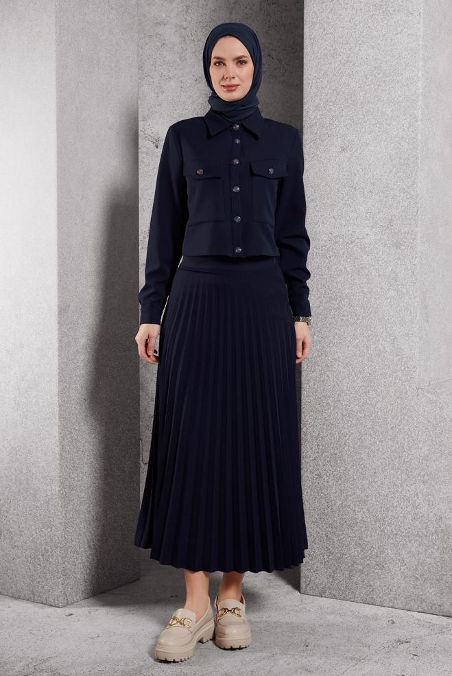Vêtements hijab BLEU MARINE COSTUME À JUPE PLISSÉE 45170 - ALVİNA