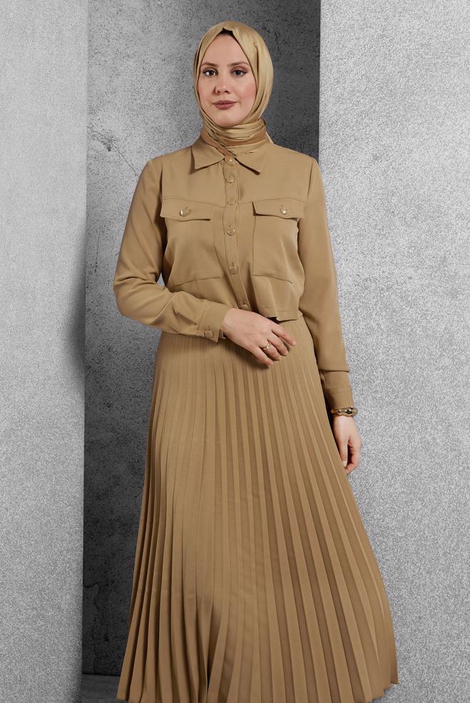 Vêtements hijab BRUN COSTUME À JUPE PLISSÉE 45170 - ALVİNA