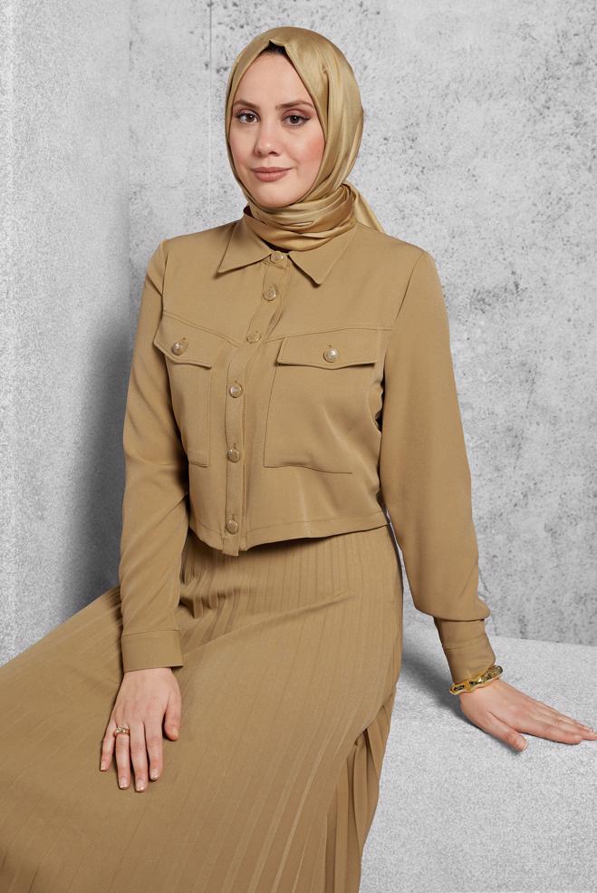Vêtements hijab BRUN COSTUME À JUPE PLISSÉE 45170 - ALVİNA