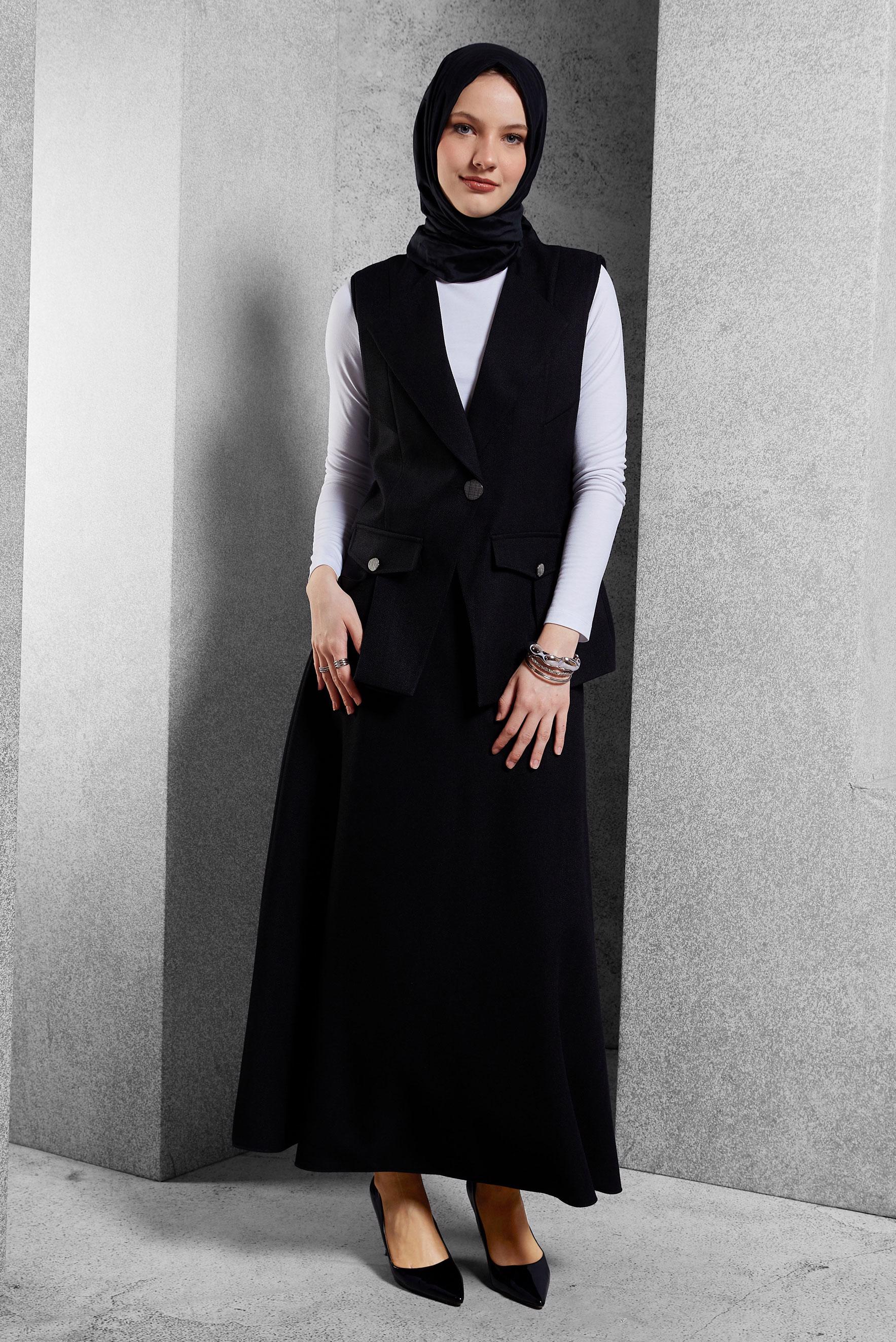 Vêtements hijab NOIR COSTUME À JUPE CEINTURÉE 45176