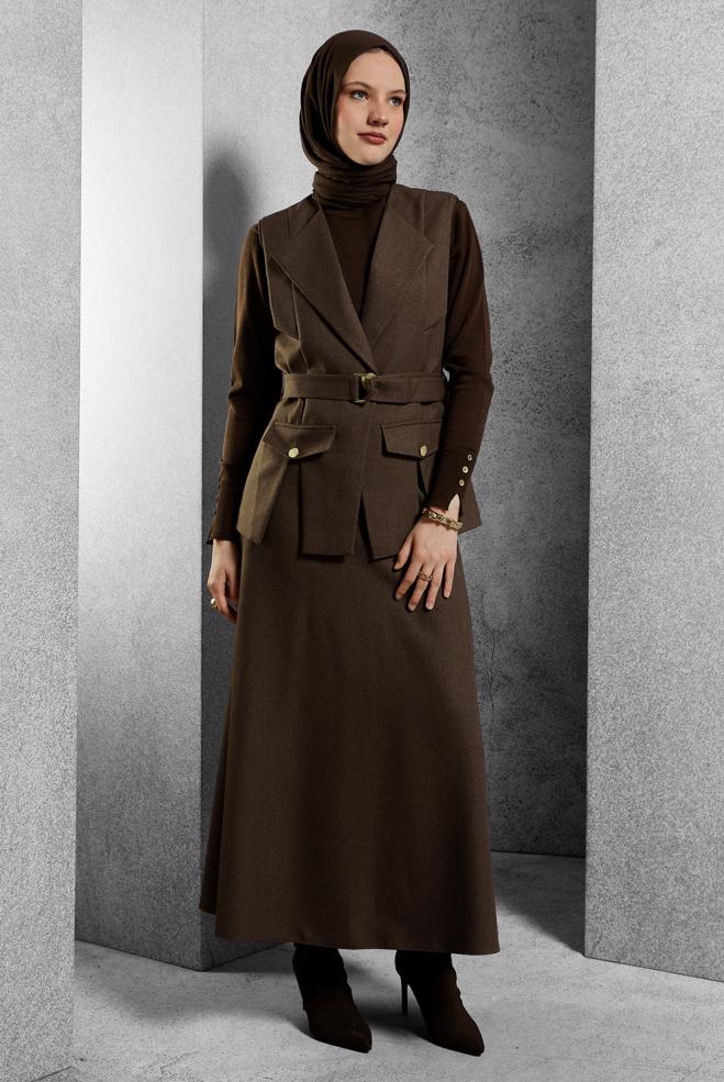 Vêtements hijab BRUN COSTUME À JUPE CEINTURÉE 45176 - ALVİNA