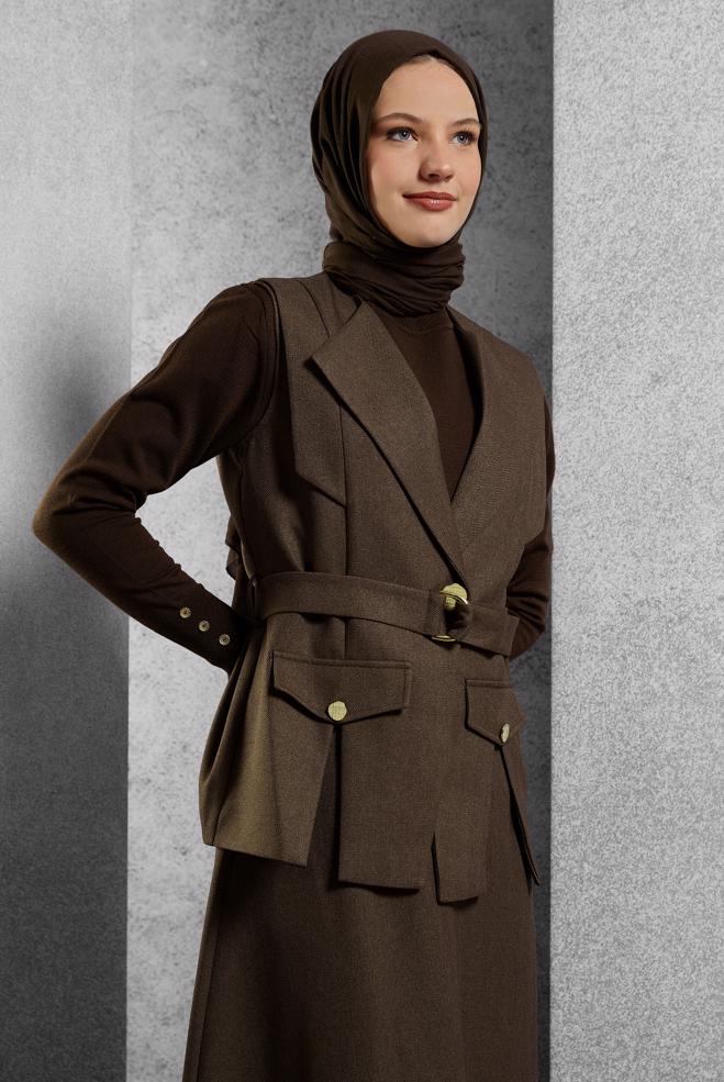 Vêtements hijab BRUN COSTUME À JUPE CEINTURÉE 45176 - ALVİNA