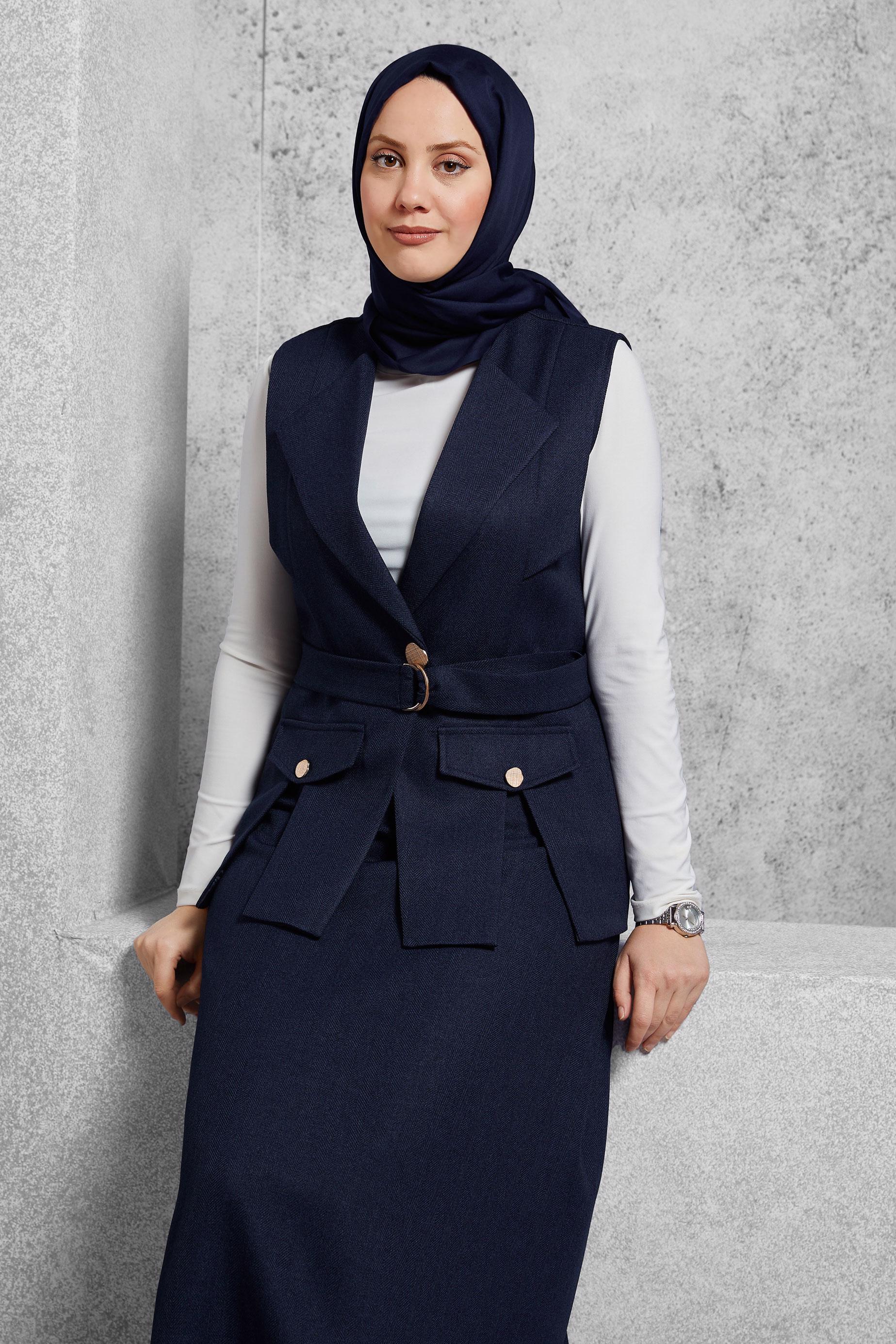 Tesettür giyim LACİVERT KEMERLİ ETEKLİ TAKIM 45176