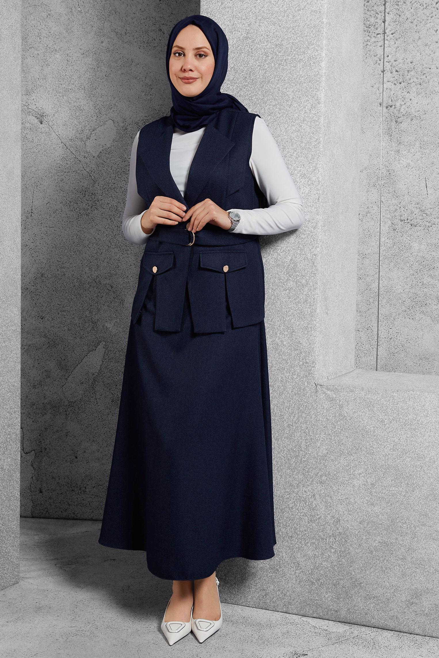 Tesettür giyim LACİVERT KEMERLİ ETEKLİ TAKIM 45176