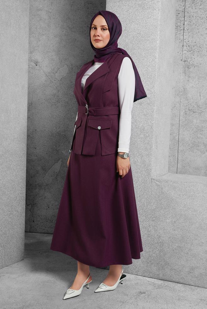 Vêtements hijab PRUNE COSTUME À JUPE CEINTURÉE 45176 - ALVİNA