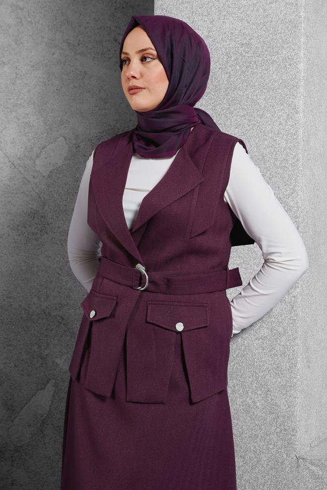 Vêtements hijab PRUNE COSTUME À JUPE CEINTURÉE 45176 - ALVİNA