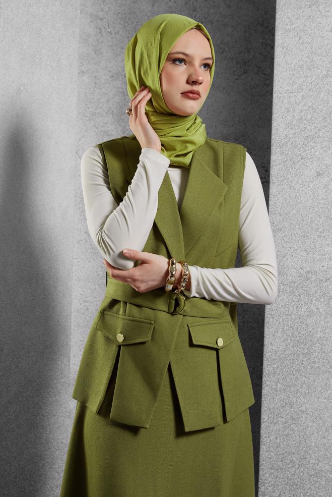 Vêtements hijab VERT COSTUME À JUPE CEINTURÉE 45176 - ALVİNA