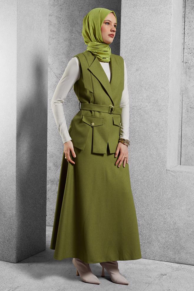 Vêtements hijab VERT COSTUME À JUPE CEINTURÉE 45176 - ALVİNA