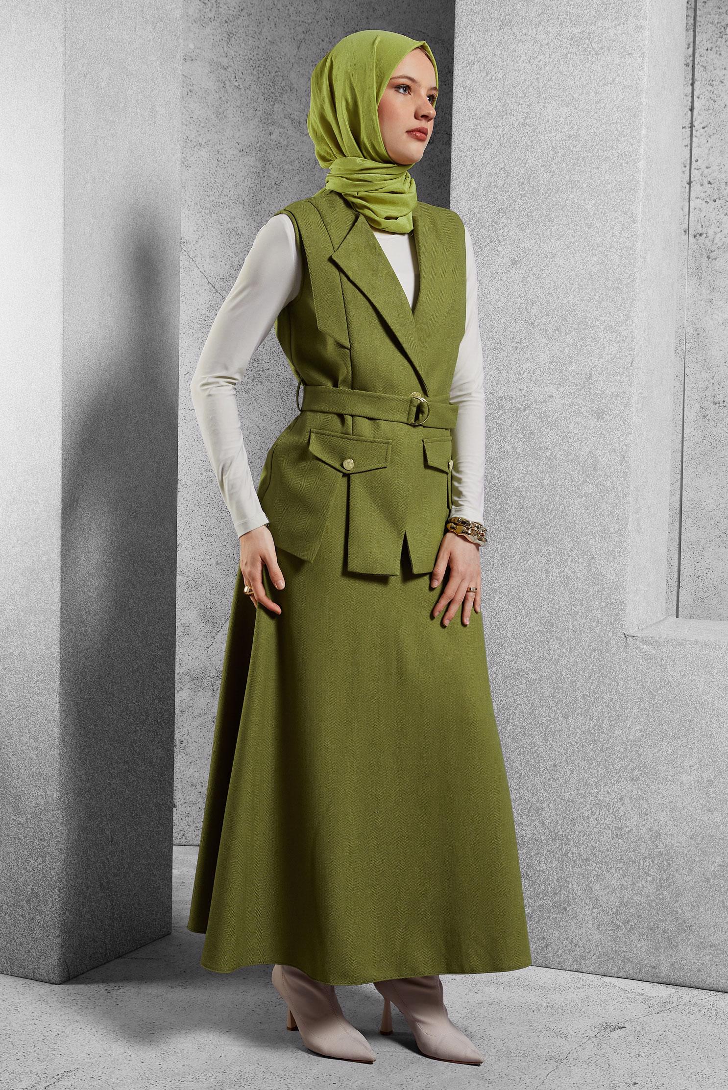Vêtements hijab VERT COSTUME À JUPE CEINTURÉE 45176