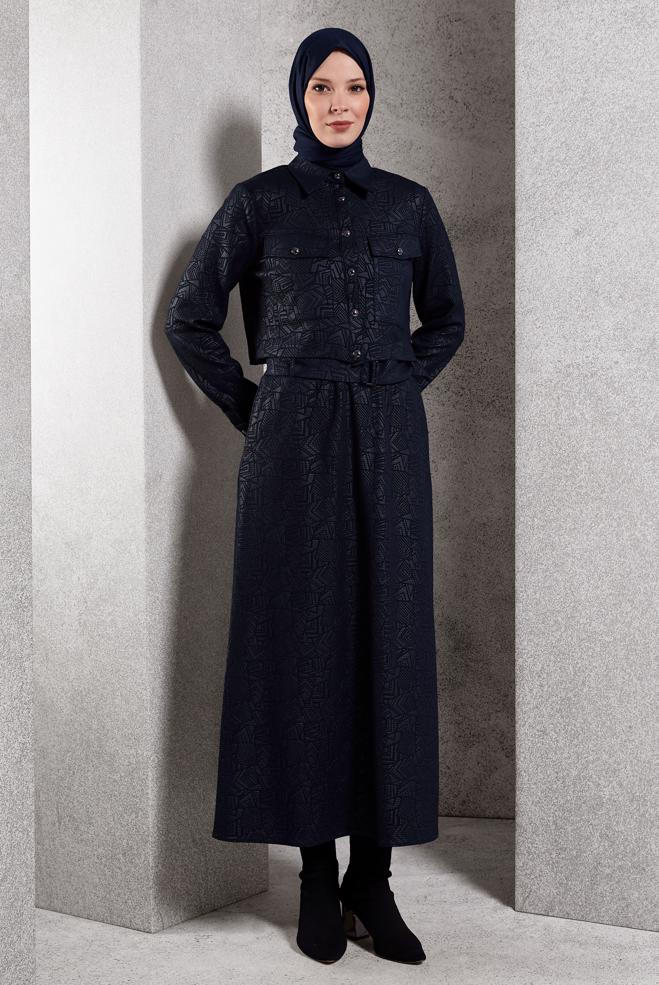 Vêtements hijab BLEU MARINE COSTUME À JUPE JACQUARD 45185 - ALVİNA
