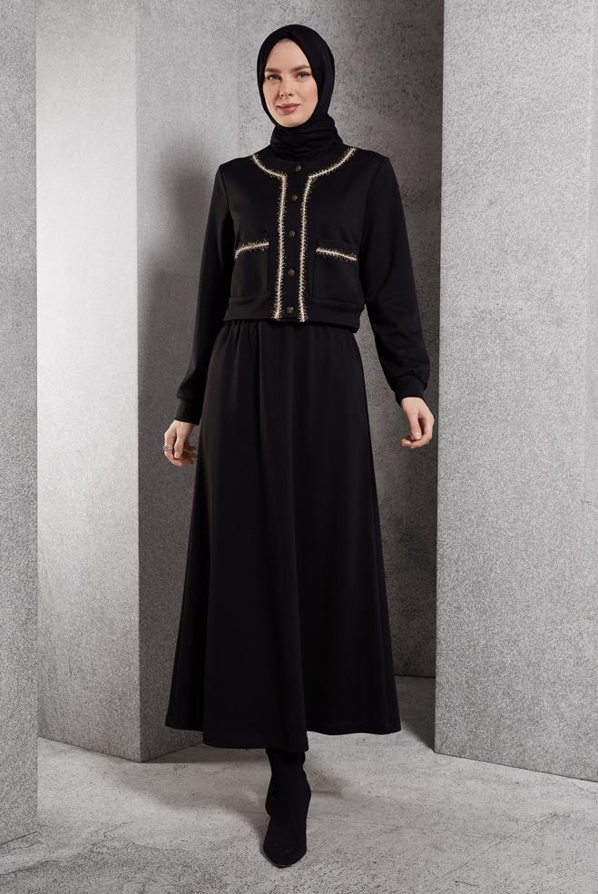 Vêtements hijab NOIR COSTUME À JUPE BOUTONNEE 45186 - ALVİNA