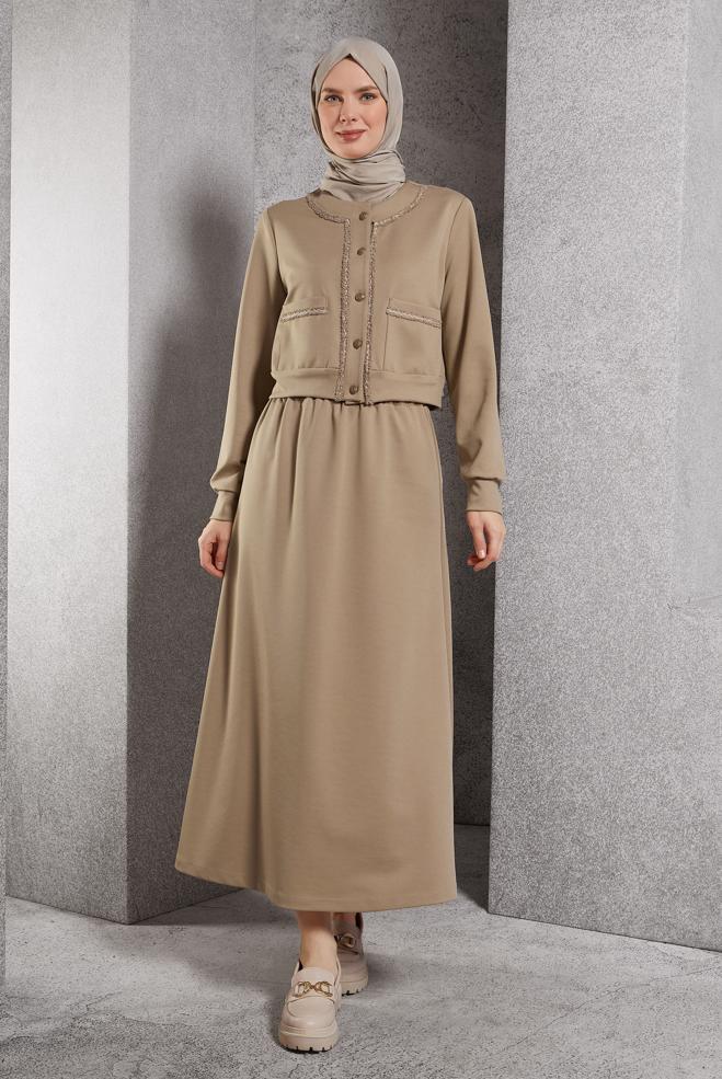 Vêtements hijab BEIGE COSTUME À JUPE BOUTONNEE 45186 - ALVİNA