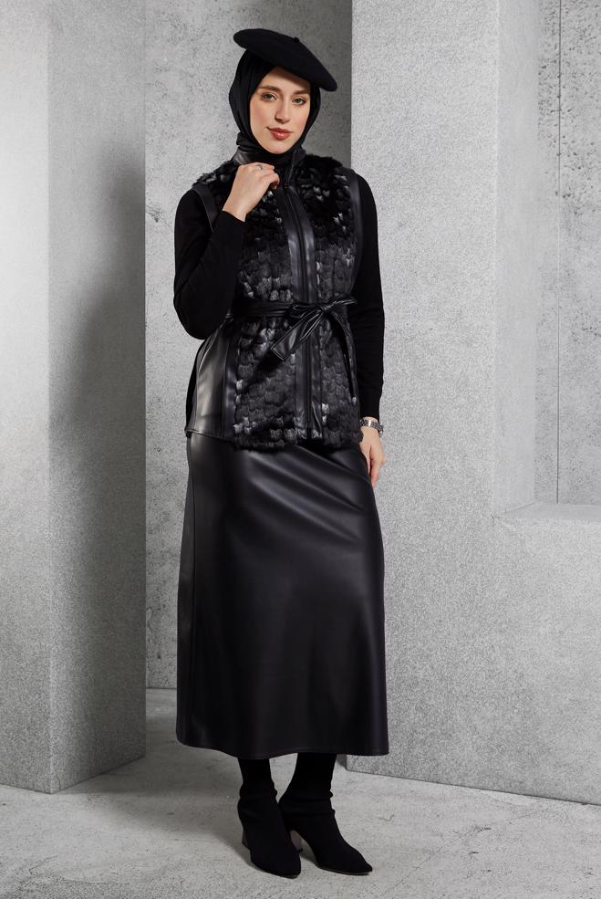 Vêtements hijab NOIR COSTUME À JUPE CEINTURÉE 45192  - ALVİNA