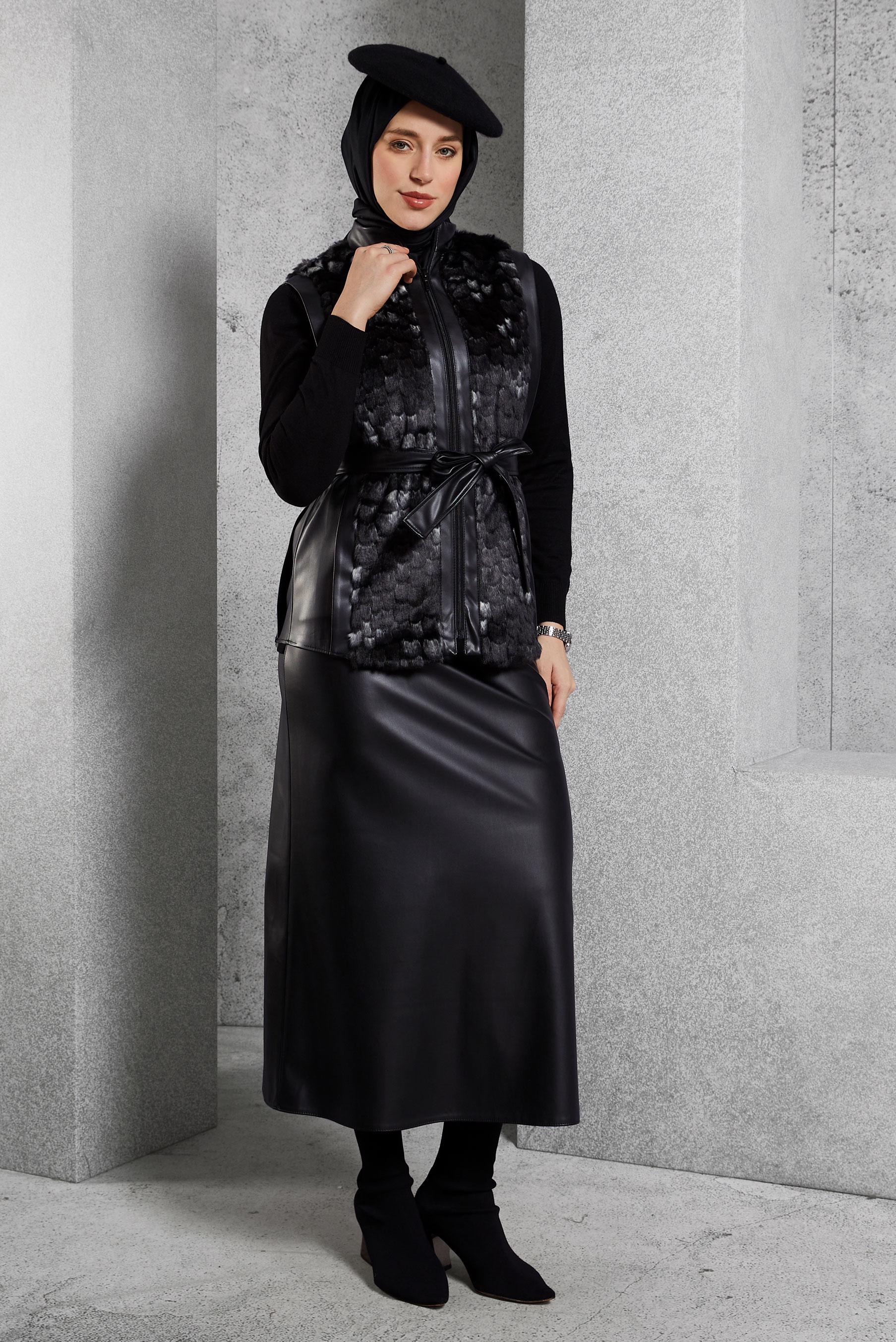 Vêtements hijab NOIR COSTUME À JUPE CEINTURÉE 45192 