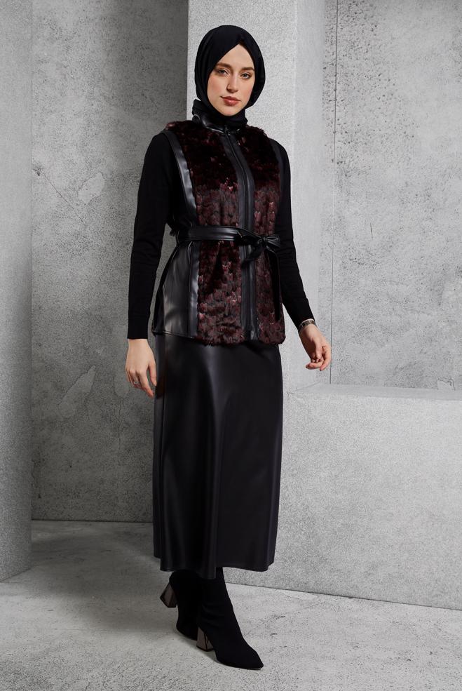 Vêtements hijab ROUGE BORDEAUX COSTUME À JUPE CEINTURÉE 45192  - ALVİNA