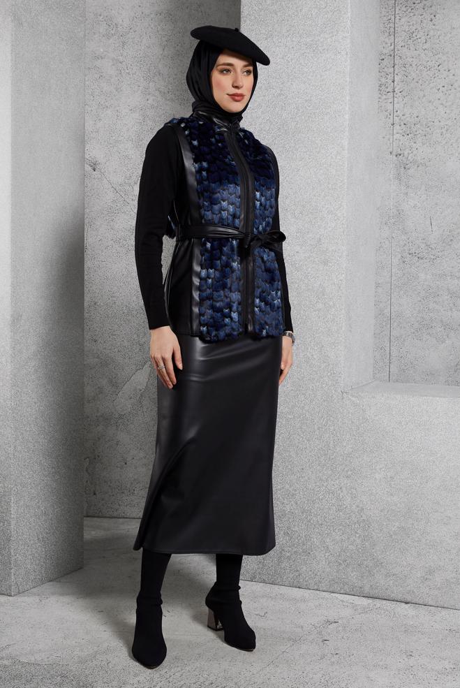 Vêtements hijab BLEU MARINE COSTUME À JUPE CEINTURÉE 45192  - ALVİNA