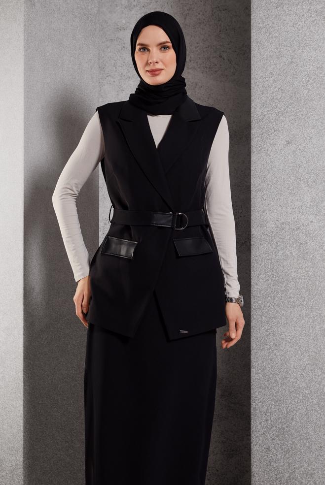 Vêtements hijab NOIR COSTUME À JUPE CEINTURÉE 45195 - ALVİNA