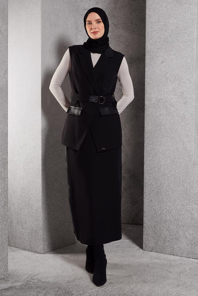 Vêtements hijab NOIR COSTUME À JUPE CEINTURÉE 45195 - ALVİNA