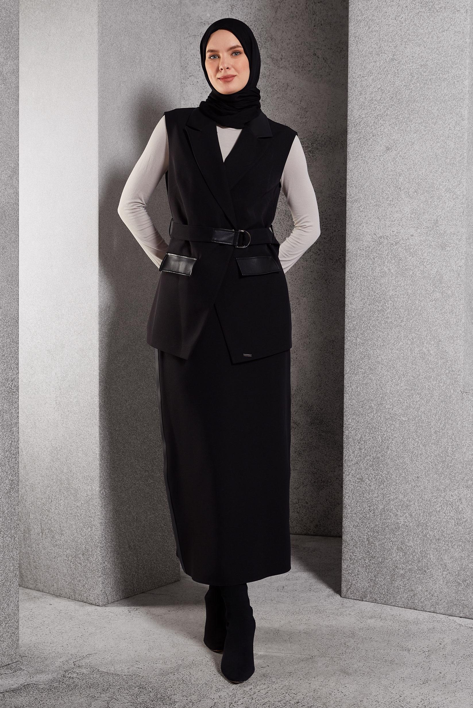 Vêtements hijab NOIR COSTUME À JUPE CEINTURÉE 45195