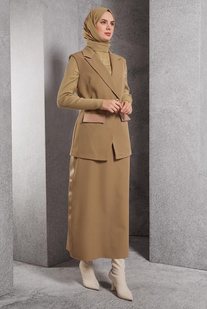 Vêtements hijab BEIGE COSTUME À JUPE CEINTURÉE 45195 - ALVİNA