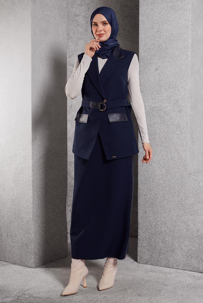 Vêtements hijab BLEU MARINE COSTUME À JUPE CEINTURÉE 45195 - ALVİNA