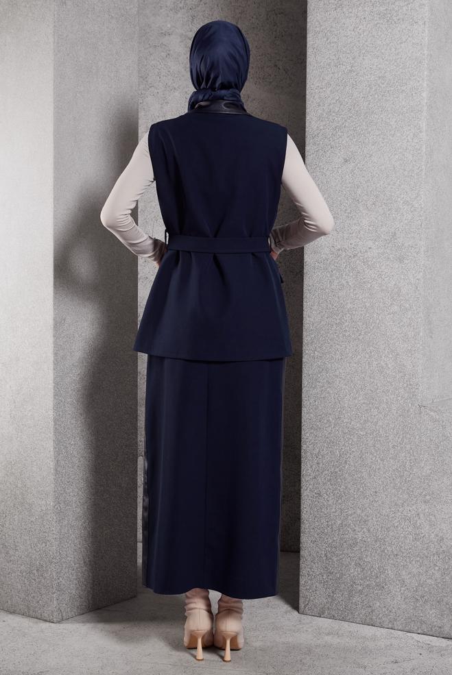 Vêtements hijab BLEU MARINE COSTUME À JUPE CEINTURÉE 45195 - ALVİNA