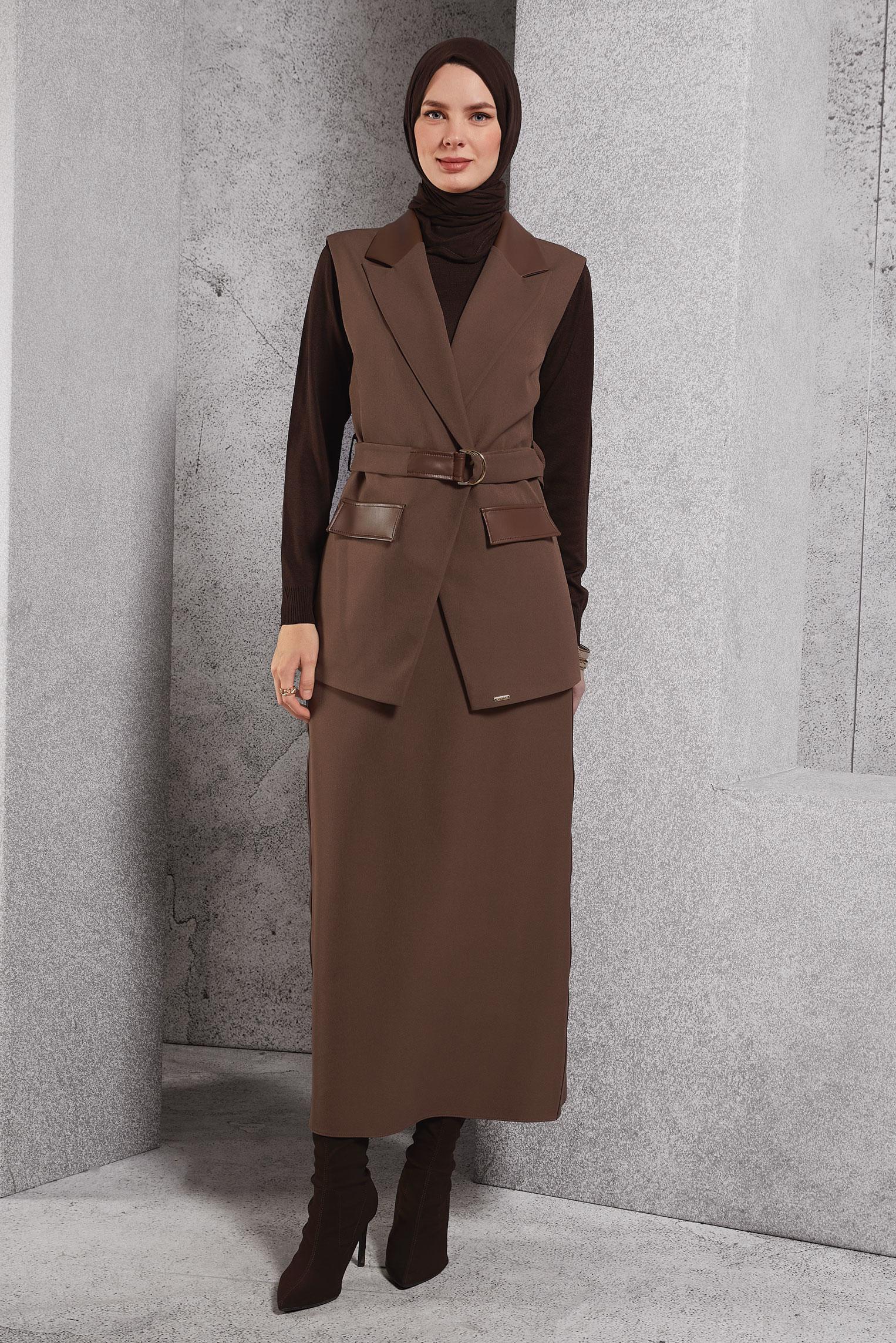 Tesettür giyim VİZON KEMERLİ ETEKLİ TAKIM 45195