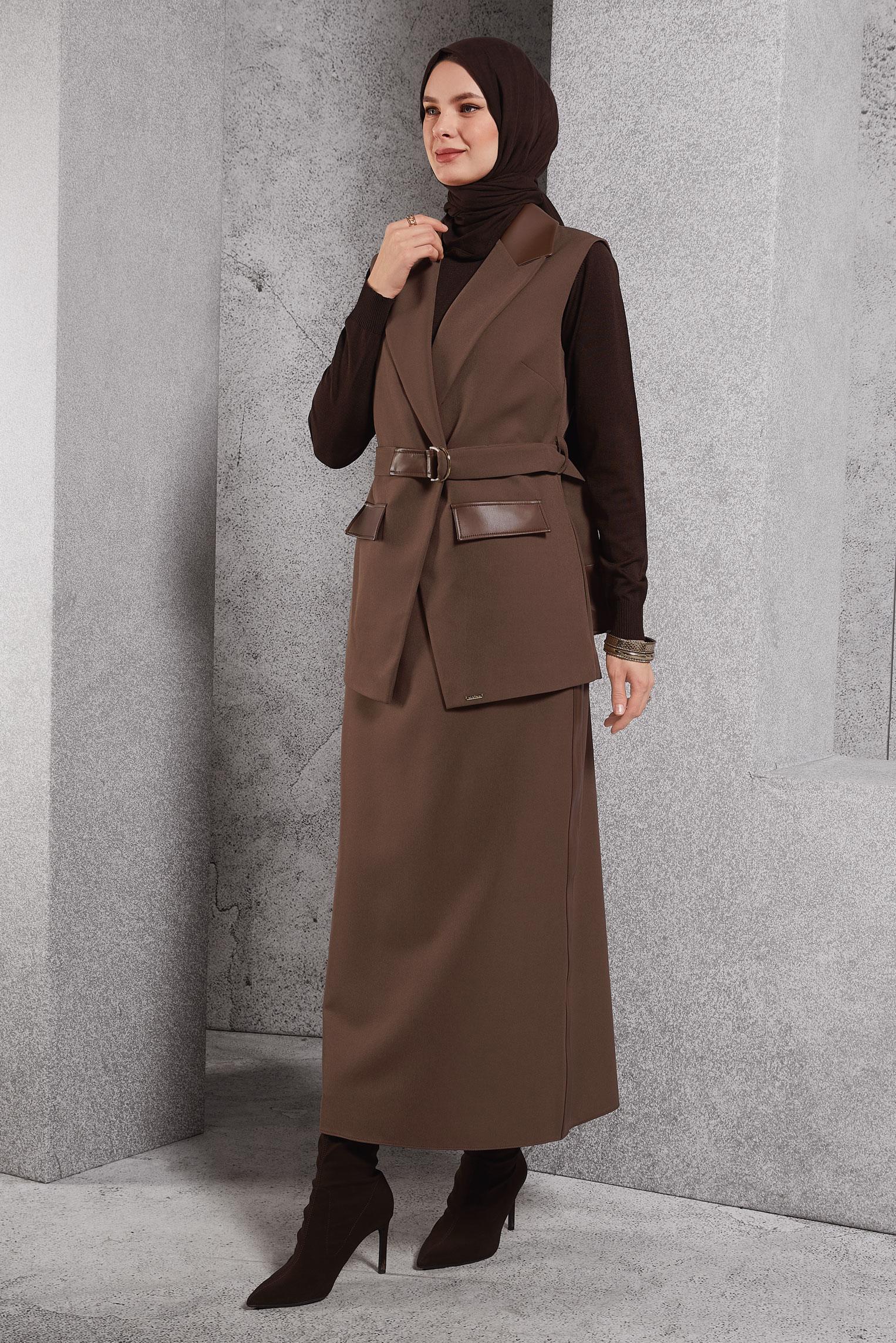 Tesettür giyim VİZON KEMERLİ ETEKLİ TAKIM 45195