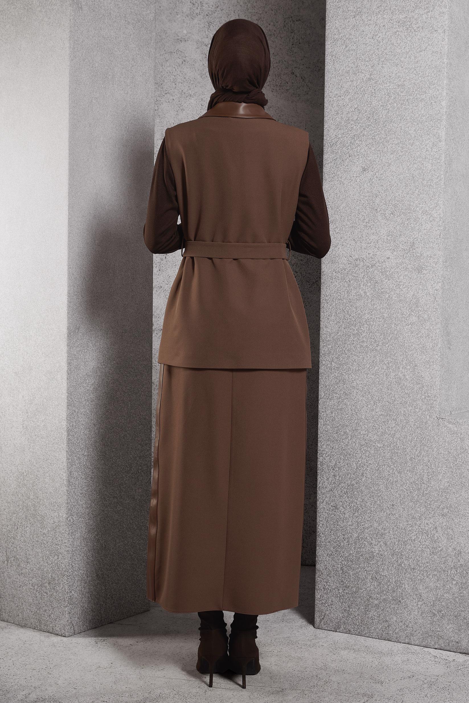 Tesettür giyim VİZON KEMERLİ ETEKLİ TAKIM 45195