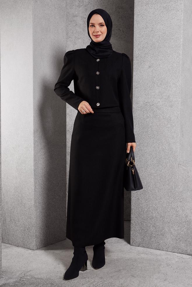 Vêtements hijab NOIR COSTUME À JUPE BOUTONNEE 45278 - ALVİNA
