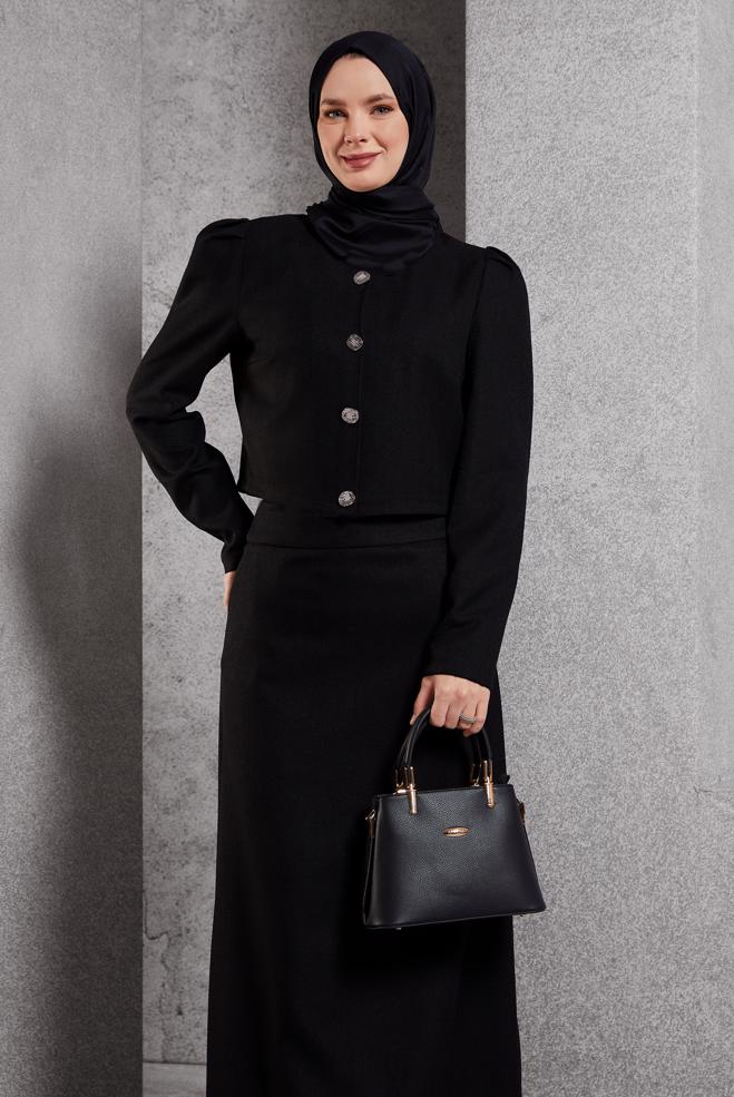Vêtements hijab NOIR COSTUME À JUPE BOUTONNEE 45278 - ALVİNA