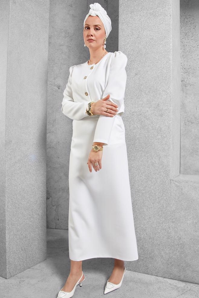 Vêtements hijab BLANC COSTUME À JUPE BOUTONNEE 45278 - ALVİNA