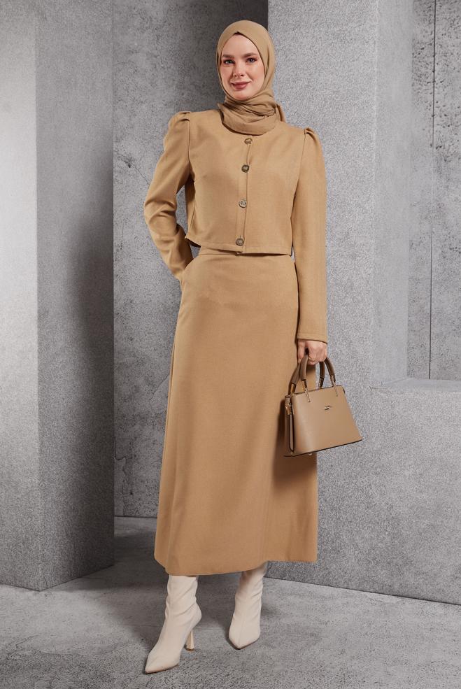 Vêtements hijab BRUN COSTUME À JUPE BOUTONNEE 45278 - ALVİNA
